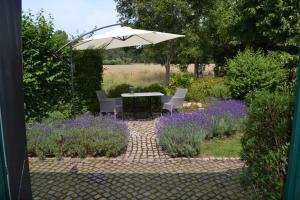 a table with an umbrella in a garden with purple flowers at Apartment in Sehlen/Insel Rügen 3075 in Sehlen