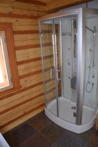 een douche in een kamer met houten wanden bij Holiday home in Jilove u Drzkova 1736 in Jílové u Držkova