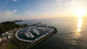 an aerial view of a marina with boats in the water at Casa Bella Vista in Quepos