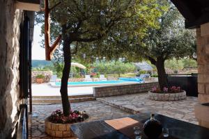 een patio met 2 bomen en een zwembad bij Holiday home in Pucisca/Insel Brac 6050 in Pučišća
