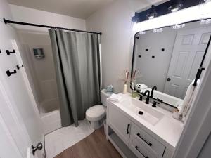 a bathroom with a sink and a toilet and a shower at Renovated House for 14 in Wentzville MO in Wentzville