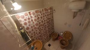 Un baño con inodoro y cortina de ducha. en Casa LA ARGENTINA, en San Luis 6 fotos más