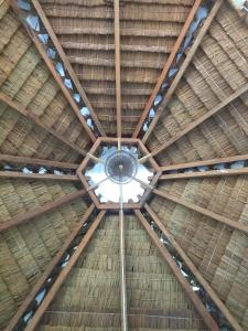 a ceiling of a straw roof with a window at Little Nomads eco-guesthouse in Siquijor