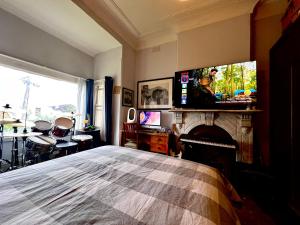 シドニーにあるZionのベッドルーム1室(ベッド1台、暖炉の上にテレビ付)