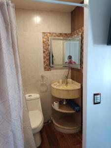 y baño con lavabo, aseo y espejo. en Habitacion Amueblada Independiente, en Ciudad de México