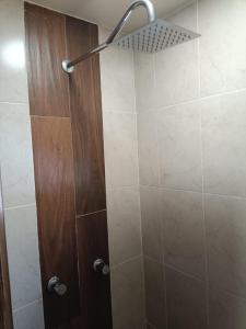 ducha con puerta de madera y cabezal de ducha en Habitacion Amueblada Independiente, en Ciudad de México