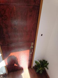 a wooden door in a room with a plant at Habitacion Amueblada Independiente in Mexico City
