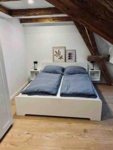 sypialnia z białym łóżkiem z niebieskimi poduszkami w obiekcie Schloßberg - Ferienwohnung im Herzen von Selb w mieście Selb