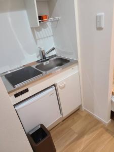 una pequeña cocina con fregadero y lavavajillas en 302号Ｎ＋ホテル, en Tokio