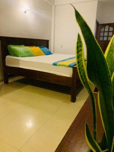 een slaapkamer met een bed met een plant op de voorgrond bij White Villa Ella/ Badulla in Badulla