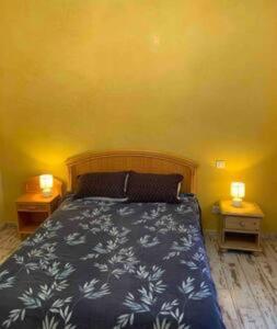 a bedroom with a bed with two nightstands and two lamps at Jolie Maison Jardin Piscine in Narbonne