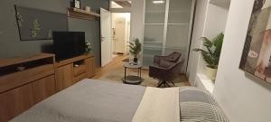 Un dormitorio con una cama y una silla y un televisor. en Wohnung in Leoben Zentrum Zwischen Hauptplatz und Stadtpark, en Leoben