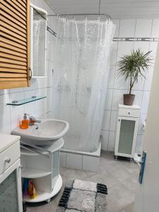 a bathroom with a shower curtain and a sink at Ferienhaus in Warstein-Suttrop für 7 Personen in Warstein