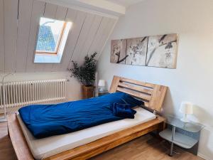 a bedroom with a bed with blue sheets and a window at Ferienhaus in Warstein-Suttrop für 7 Personen in Warstein