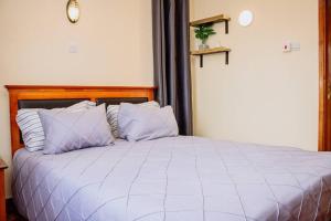1 dormitorio con 1 cama grande con almohadas moradas en The happy place - Westlands, Nairobi, en Nairobi