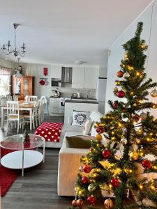 uma sala de estar com uma árvore de Natal em Huoneistomajoitus Koto, LaatuLomat em Juva