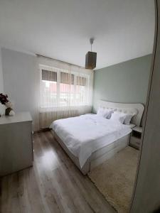 1 dormitorio con cama blanca y espejo en Apartament Deva Cetate, en Deva