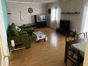 ein Wohnzimmer mit einem grünen Sofa und einem TV in der Unterkunft Para amantes de espacios amplios, sol y relax in Argentona