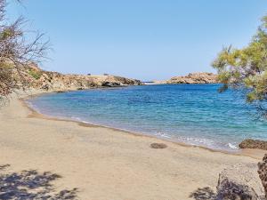 una spiaggia con acqua blu e alberi di Mykonos Lolita ad Agios Sostis Mykonos