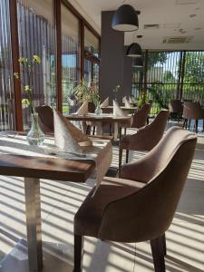 a dining room with tables and chairs and windows at Hotel Olecki in Oświęcim