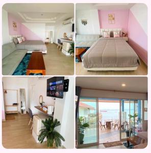 a collage of four pictures of a bedroom at บ้านพักการ์ฟิลด์ ซีวิว เกาะล้าน in Ko Larn