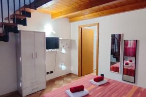 ein Schlafzimmer mit einem Bett mit roten Kissen darauf in der Unterkunft la casa di trilly in Vigevano