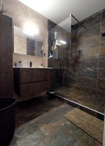 un bagno con doccia, WC e lavandino di TERLA Bel Appartement 3 Pieces Clim & Parking a Saint-Pierre