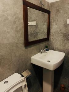 a bathroom with a sink and a mirror and a toilet at The Fog House in Haputale