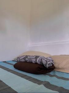 almohada sentada en una cama en un dormitorio en Pacific Surf and Yoga, en Baras