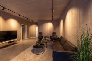 a living room with a couch and a flat screen tv at Aurora Borealis Observatory in Silsand