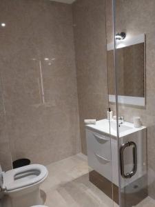 ein Bad mit einer Dusche, einem WC und einem Waschbecken in der Unterkunft Apartamento del Norte in Tangier