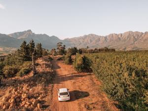 a white car is parked on a dirt road at Vrolikheid Landgoed in Tulbagh