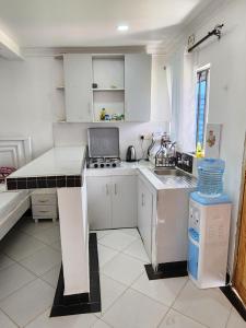 a small kitchen with white cabinets and a sink at Swift Haven Studio Bamburi in Mombasa