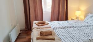 um quarto com 2 camas e toalhas em Apartmani ZAT em Sokobanja