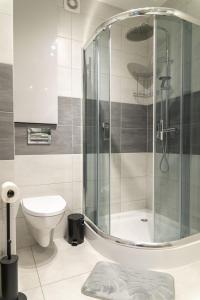 een badkamer met een douche en een toilet bij VacationClub – Spokojna 24I Apartament 1 in Wisła