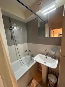 ラ・フーにあるappartement à la Foux d'Allosの洗面台、浴槽、シャワーを備えたバスルーム