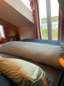 2 camas en una habitación con ventana grande en Het Veerhuis, en Oeffelt
