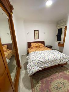 1 dormitorio con 2 camas y alfombra en el suelo en Sidi bishr sea view, en Alejandría