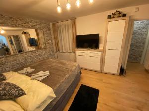 a bedroom with a large bed and a television at Studio Apartment Lacus in Zagreb