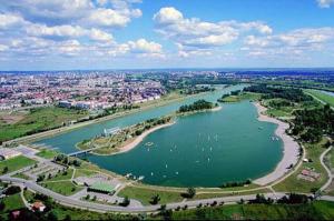an aerial view of a river with a city at Studio Apartment Lacus in Zagreb