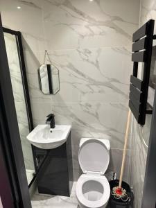 a bathroom with a white toilet and a sink at Studio apartment in Catford
