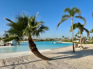 two palm trees on a beach with a pool of water at Luxury Penthouse - Santa Rosalia Lake and Life Resort in Torre-Pacheco