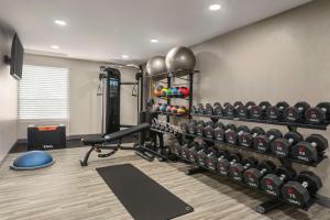 カンザスシティにあるHampton Inn Kansas City - Airportのダンベルとウェイトラック付きのジム