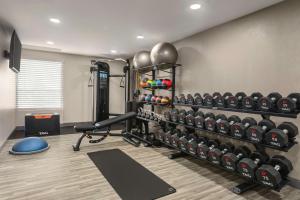 a gym with dumbbells and a rack of weights at Hampton Inn Kansas City - Airport in Kansas City