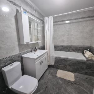 a bathroom with a toilet and a sink and a tub at ApartHotel city centrum in Chişinău