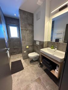 ein Badezimmer mit einem Waschbecken, einem WC und einem Spiegel in der Unterkunft Appartement Kramerhaus in Hollersbach im Pinzgau