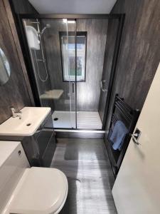 een badkamer met een douche, een toilet en een wastafel bij Sandy Beach Hill View Apartment Brean in Brean