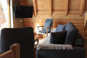 a living room with two chairs and a couch and a television at Three Houses in Žabljak