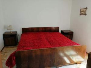 um quarto com uma cama com um cobertor vermelho em ETNO KOMPLEX NIKOLOV em Dimitrovgrad