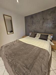 een slaapkamer met een groot bed en een spiegel bij Le Contemporain, au pied de la chaîne du JURA, 3 chambres in Thoiry